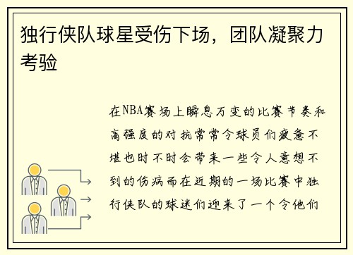 独行侠队球星受伤下场，团队凝聚力考验